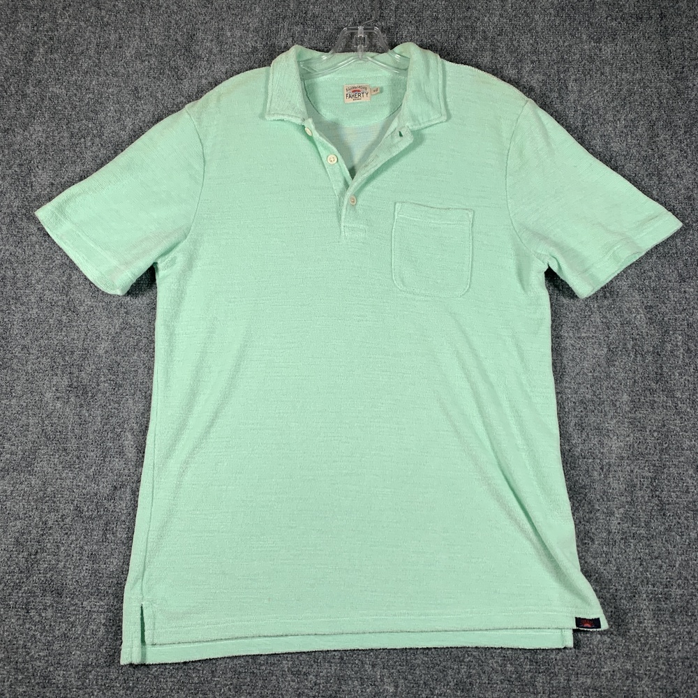Faherty Polo Shirt Mens Medium Green Terry Cloth Pocket Short Sleeve Casual